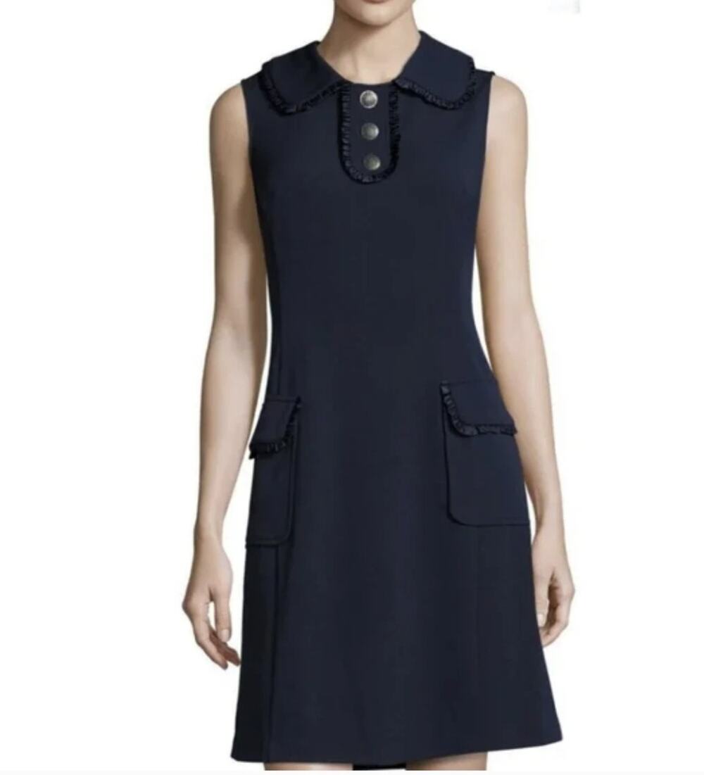 Nanette Lepore Navy Blue Sheath Dress Ruffle Collar Pockets 4 preppy blair
